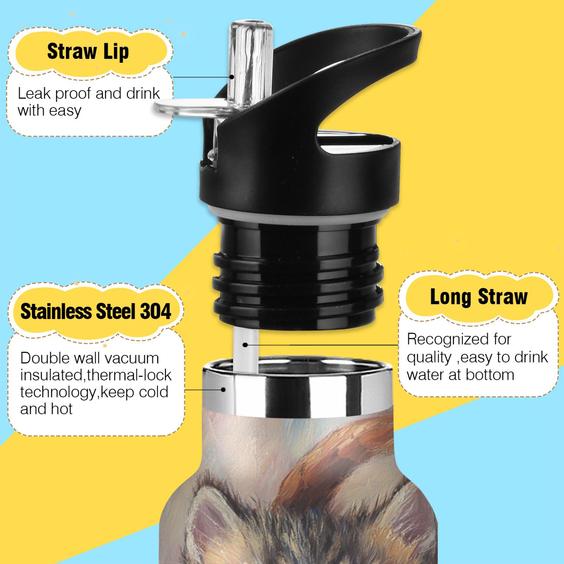 600ML Stainless Steel Insulated Cup Sports Water Bottle Portable Thermos Cup Water Glasses Insulated Tumblers Convenient and Durable Flower Basket Kitten