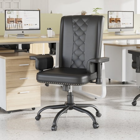 VECELO Office Chair High Back Computer Desk Chair, PU Leather Adjustable Height Modern Executive Swivel Task Chair with Padded Armrests, Black