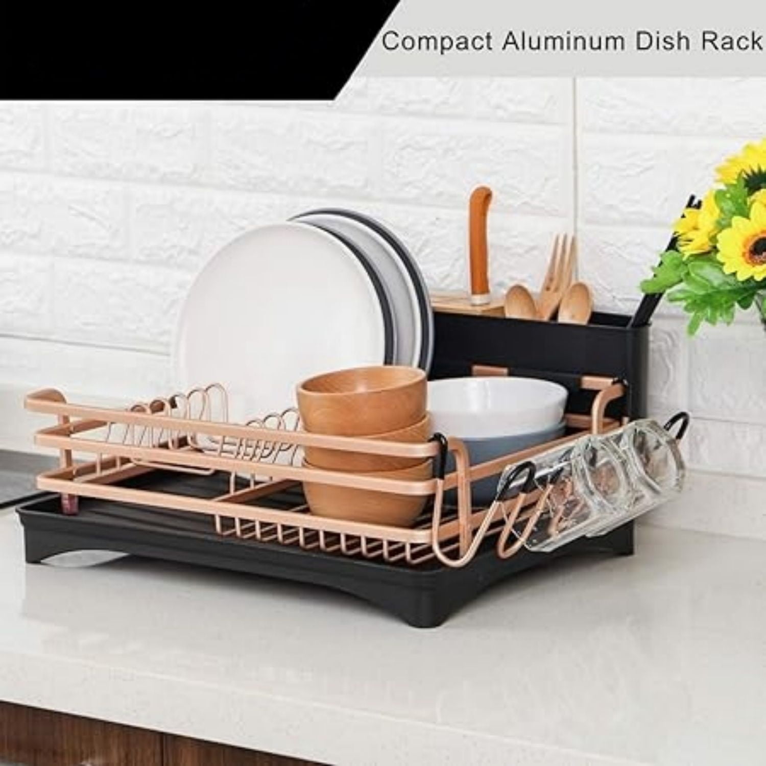 Aluminum Dish Drying Rack, Dish Racks for Kitchen Counter, Dish Drainer with Removable Cutlery Holder & Cup Holder, Unique 360° Swivel Spout Drainboard, 16.5" L x 11.8" W, Golden