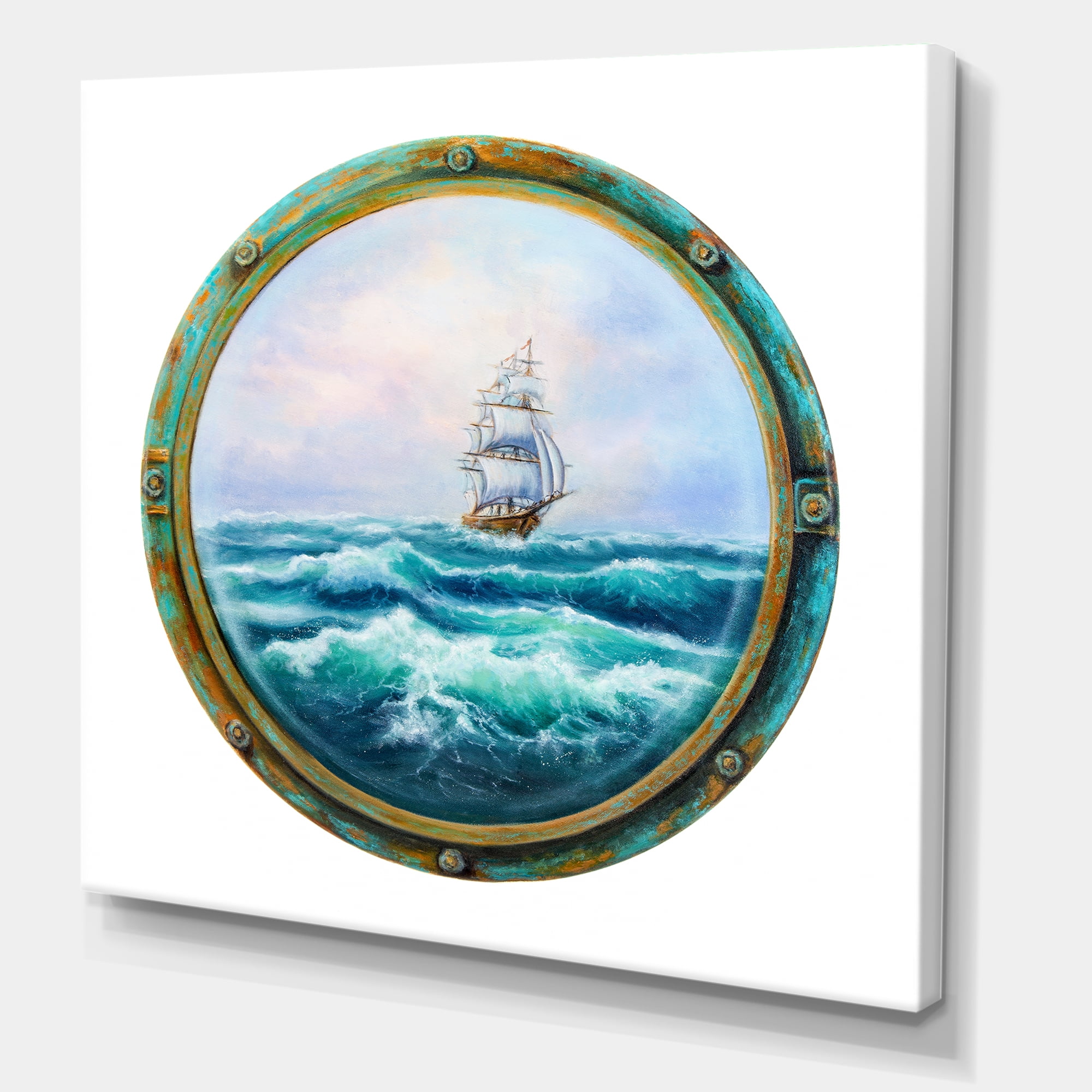 Designart ' Ship In Stormy Ocean Through Cabin Window ' Nautical & Coastal Canvas Wall Art Print