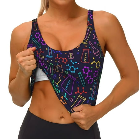Qokaie Chemistry Science Pattern Womens Scoop Neck Sports Bra Breathable Workout Vest Padded U Back Medium Impact Fitness Gym Yoga Bra Workout Crop Top