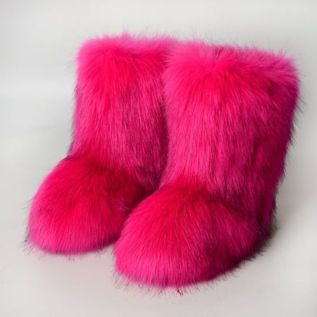 

Women s Faux fur Boots Winter Mid-Calf Warm Snow Boots Fuzzy Fluffy Furry Comfy Short Boots Indoor Outdoor Flat Boots