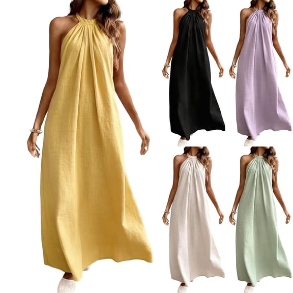 THDHVS Maxi Dress,Solid Color Halter Backless Loose Dress Casual Beach Vacation Style for Summer,Summer Dresses for Women Black S