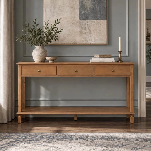 Euroco 59" Wood Console Table with 3 Drawers, Farmhouse Entryway Table with Open Storage Shelf, Sofa Table Behind Couch for Living Room, Hallway,Foyer,Brown