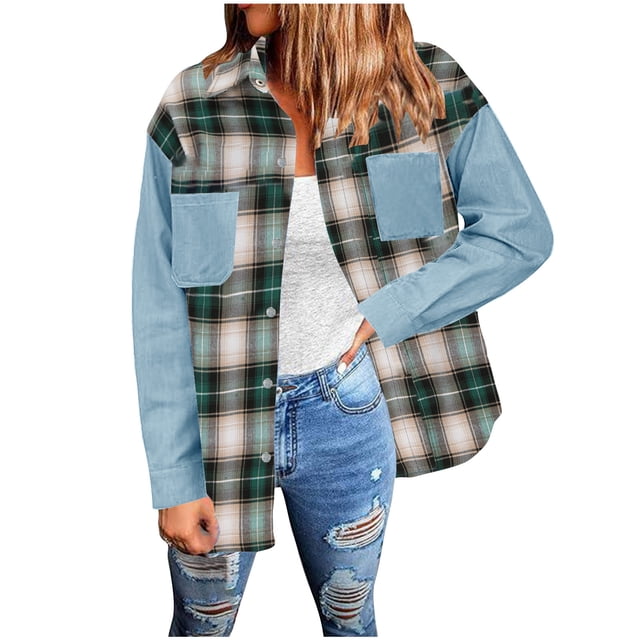 Veste en Jean à Carreaux pour Femmes, Manches Longues, Blouse Décontractée, Col Rabattu, Coupe Ample pour Automne Hiver Printemps, Mode Quotidienne, Extérieur