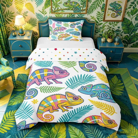 Metsweet Cartoon Animal Lizard Twin Duvet Cover, Tropical Leaves Twin Bedding, Pink Yellow Teal,2pcs,1 Duvet Cover and 1 Pillowcase