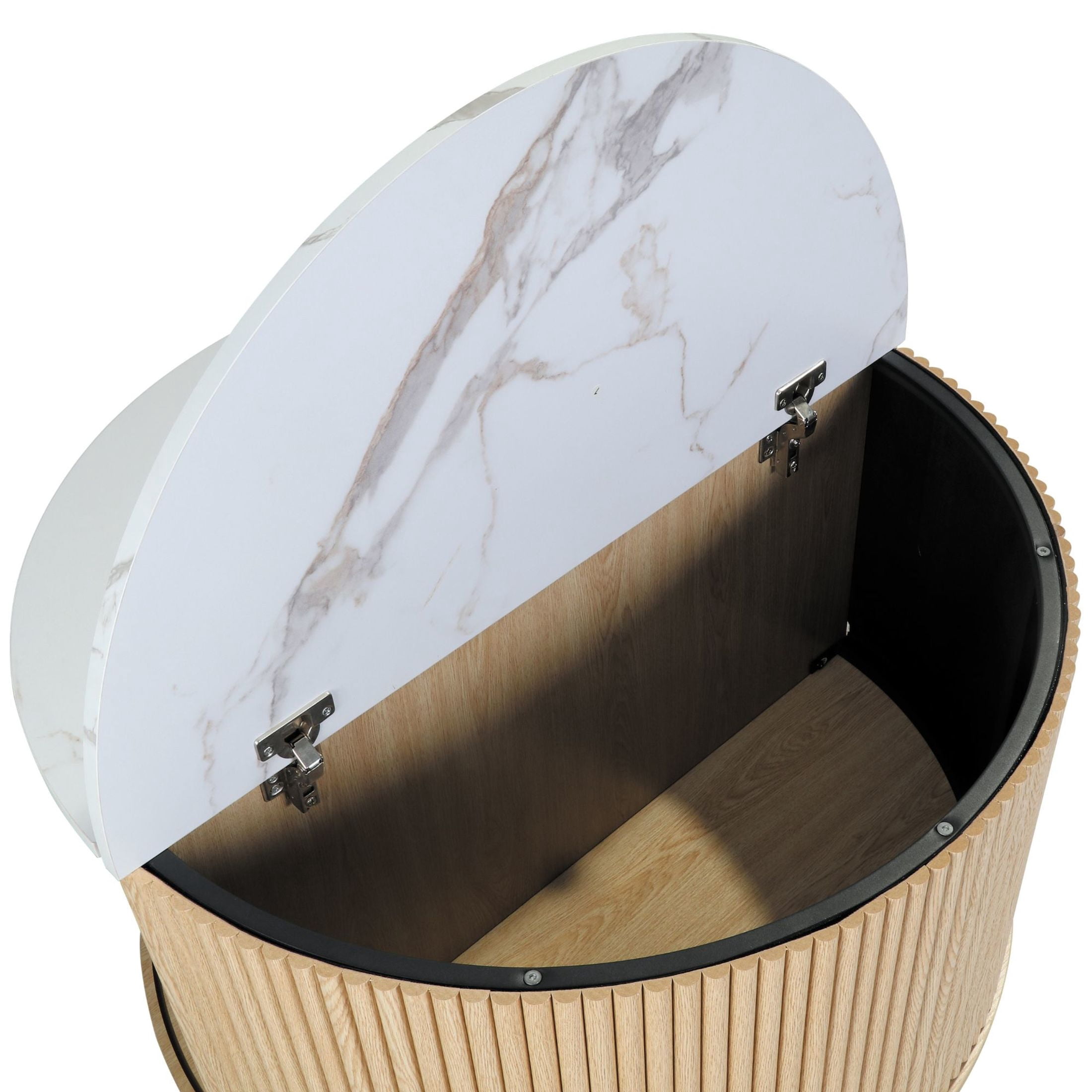 GDF Studio 31.5" Modern Round Fluted Coffee Table with Hidden Storage, White Marble+Light Oak