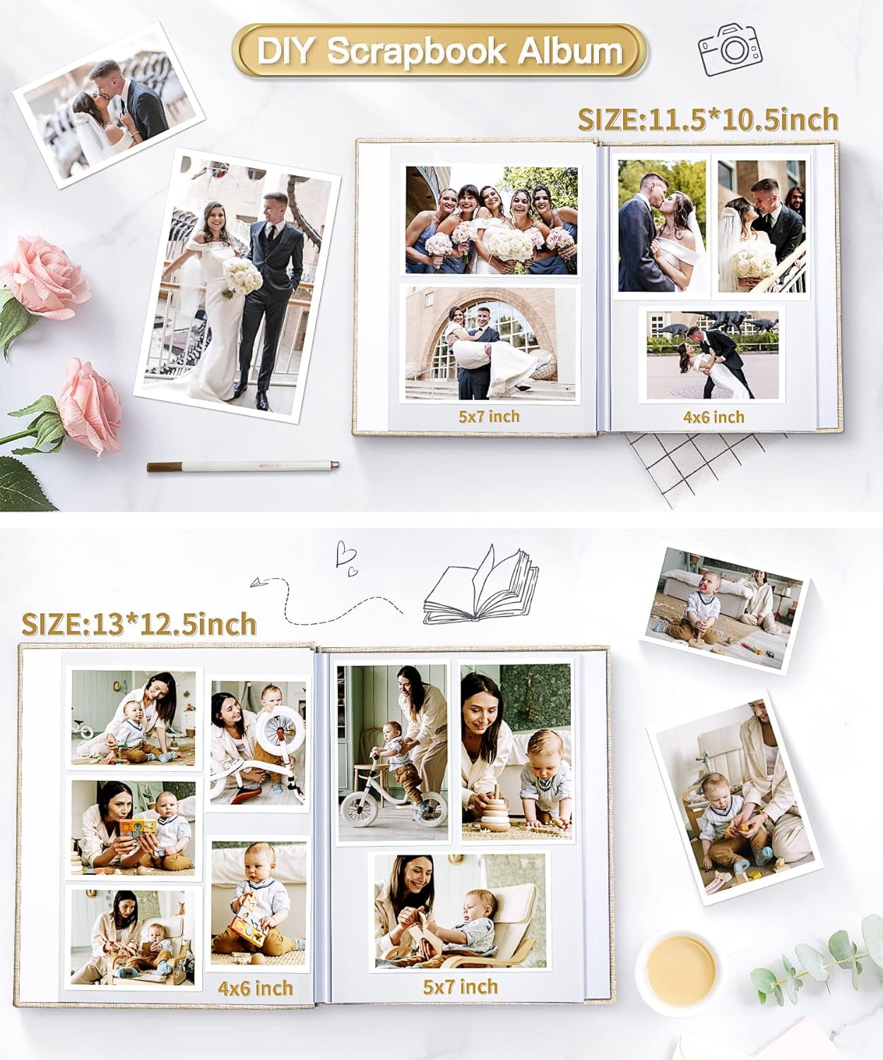 Popotop Photo Album Self Adhesive Scrapbook Album for 4x6 5x7 8x10 Pictures DIY Photo Book as Scrapbooking Supplies Kits, Birthday Gifts for Women Mom Wedding Baby Family Travel