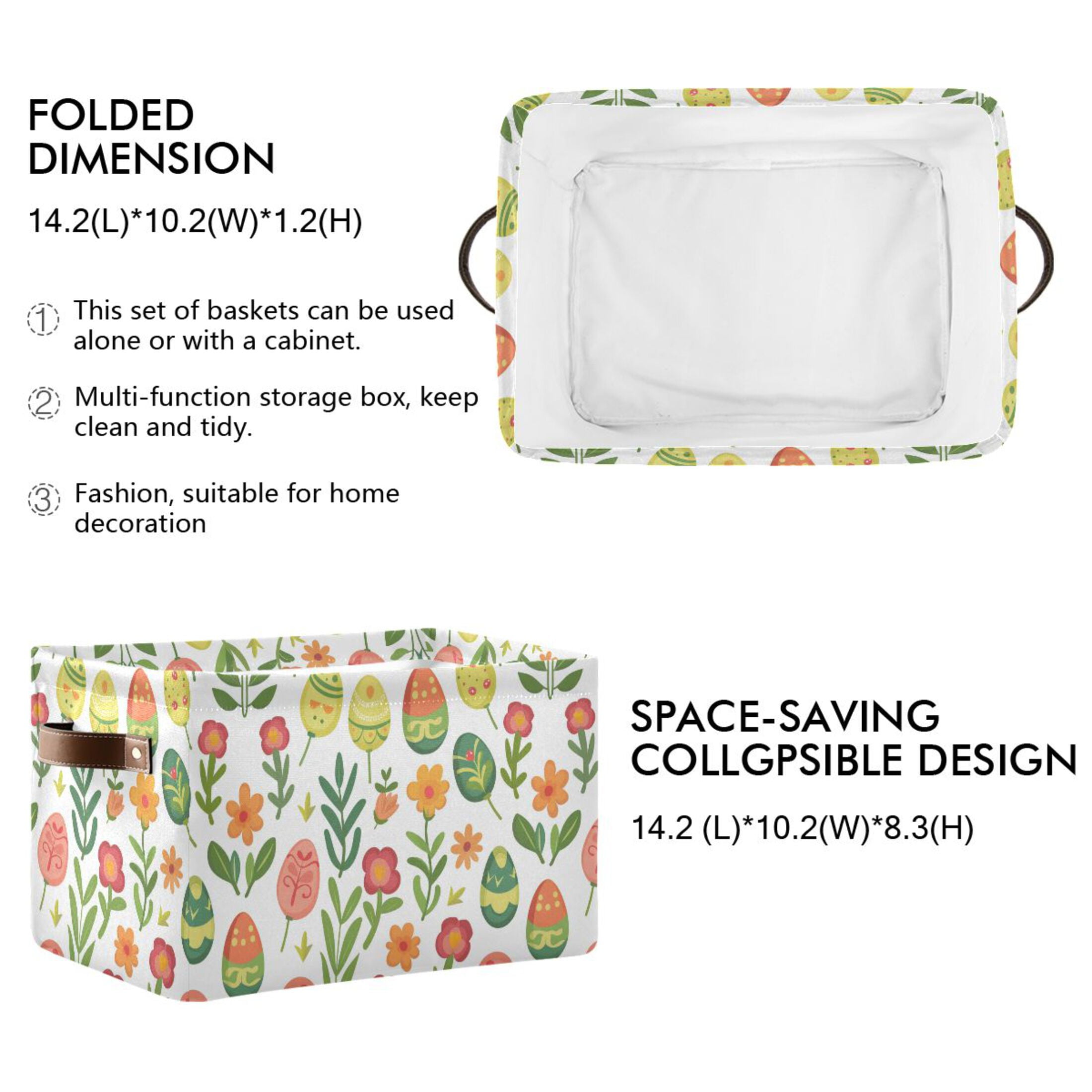 Flower and Easter Eggs Storage Bins with Handle Fabric Organizer Basket Foldable Box 2 Pack 14.2x10.2x8.3