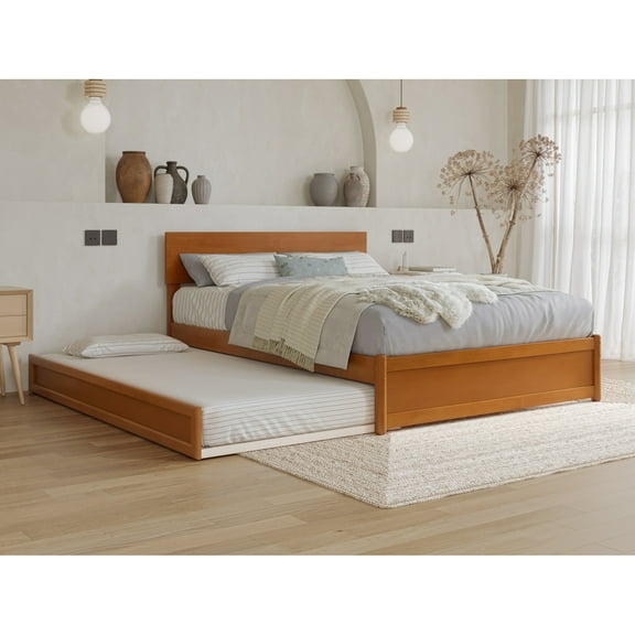 Wesley Full Wood Platform Bed w/ Panel Footboard & Twin Trundle in Light Toffee