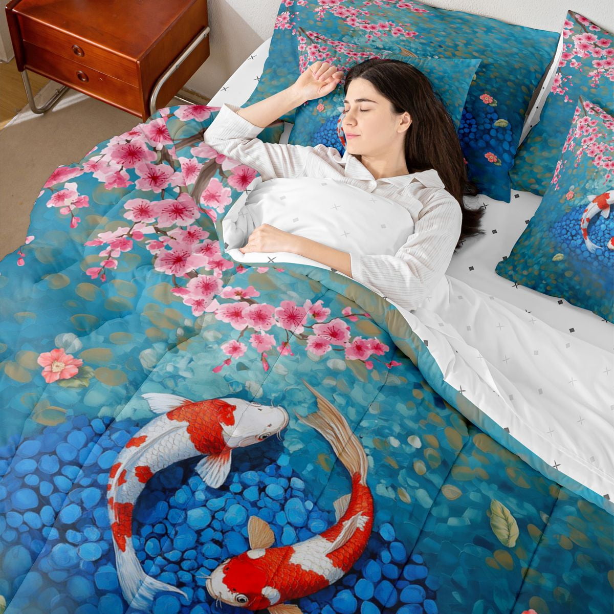Manfei Oil Painting Koi Fish Bedding Comforter Set for Girls, Sakura Pond King Bedding Sets, Blue Pink, Reversible 7pcs