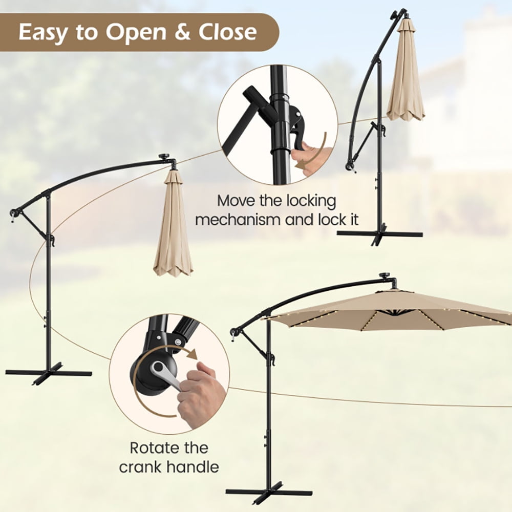 Aimee Lii 10 Feet Patio Offset Umbrella with 112 Solar-Powered LED Lights, Sunbrella Patio Umbrellas, Beige