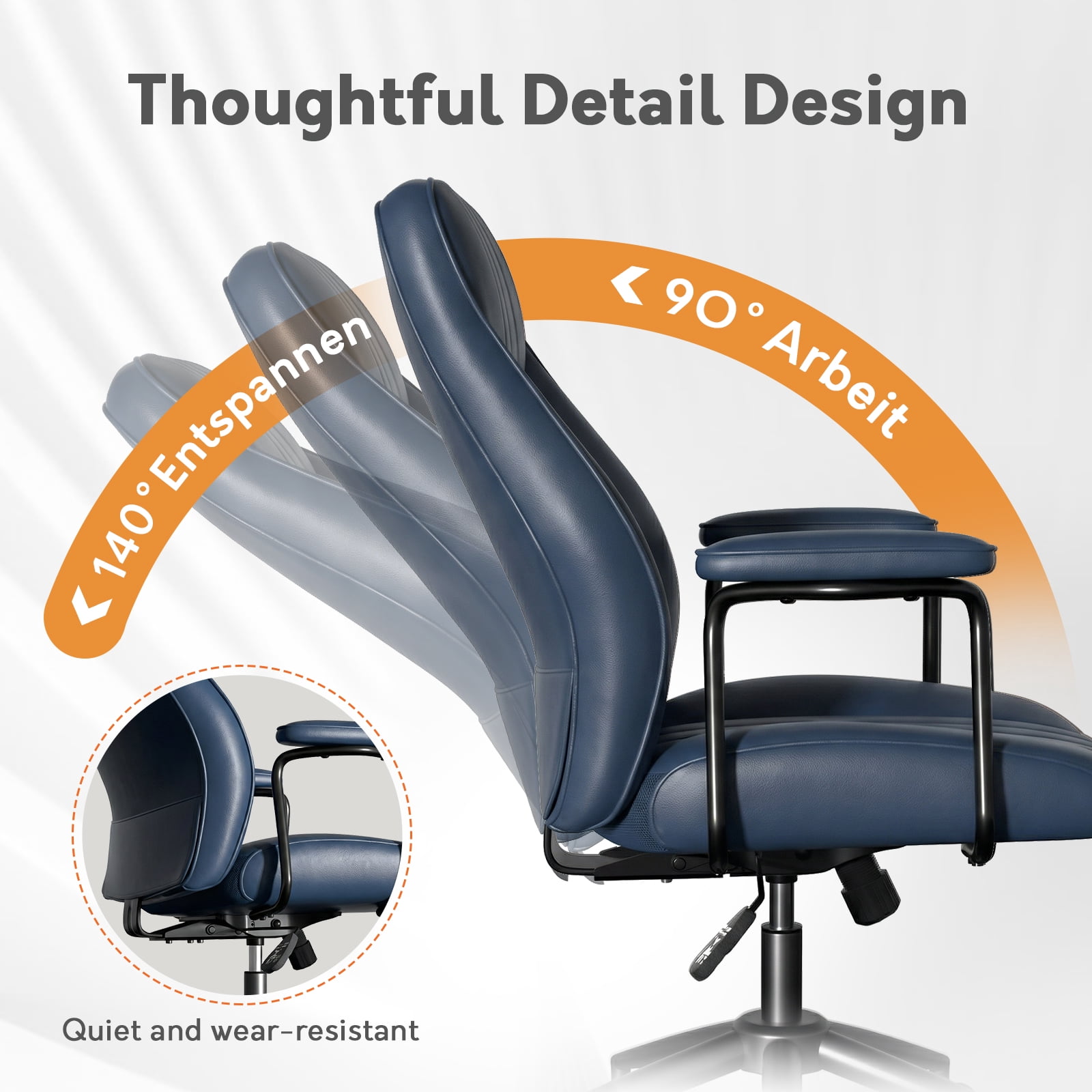 HomeZeer Executive Office Chair, Leather Desk Chairs with Wheels, Ergonomic Desk Chair with Arms, Mid Century Modern Reclining Computer Task Home Chair with Lumbar Support, Blue