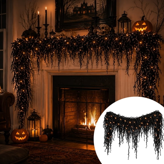 Tryvkinvive 5.9ft Black Artificial Garland, Halloween Fireplace Decor Set with LED Lights, Gothic Fall Leaves Spooky Black Vine Garland Hanging Display for Mantel Fireplace Door Frame Window