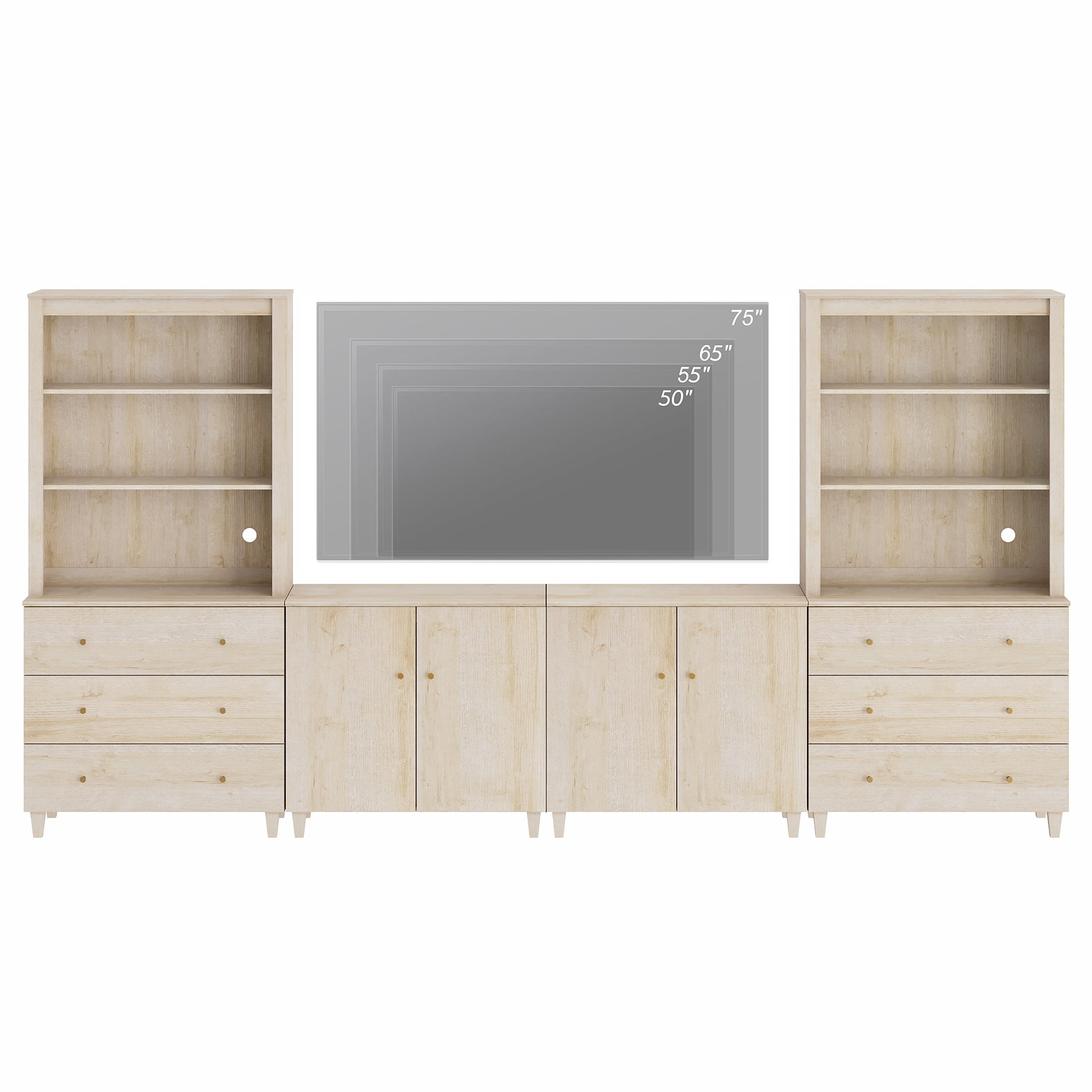 WAMPAT Wall Unit Entertainment Center for 75" TVs with Drawers&Doors, Light Oak