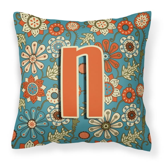 Letter N Flowers Retro Blue Fabric Decorative Pillow