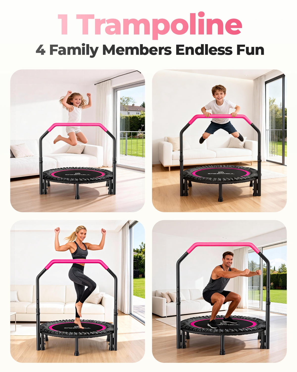 SAEEPABUL 40 Inch Mini Fitness Rebounder Trampoline with Adjustable Handle, Indoor Exercise Workout Trampoline for Adults, Max Load 330lbs Pink