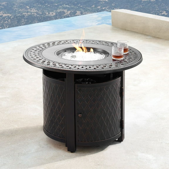 Outdoor Living and Style 34" Black and Brown Round Propane Outdoor Fire Table with Wind Blockers
