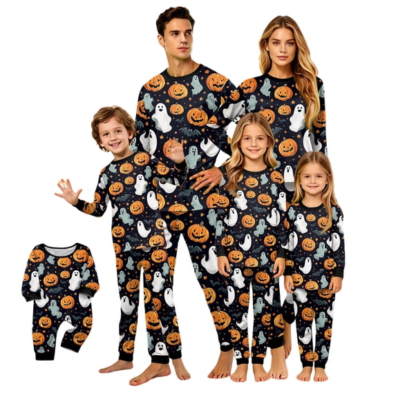 Matching Family Halloween Pajamas Set - 2026 Cute Ghost & Pumpkin Print Two-Piece Sleepwear Pjs - Family Matching Pajamas Soft Holiday Jumpsuit Loungewear for Family