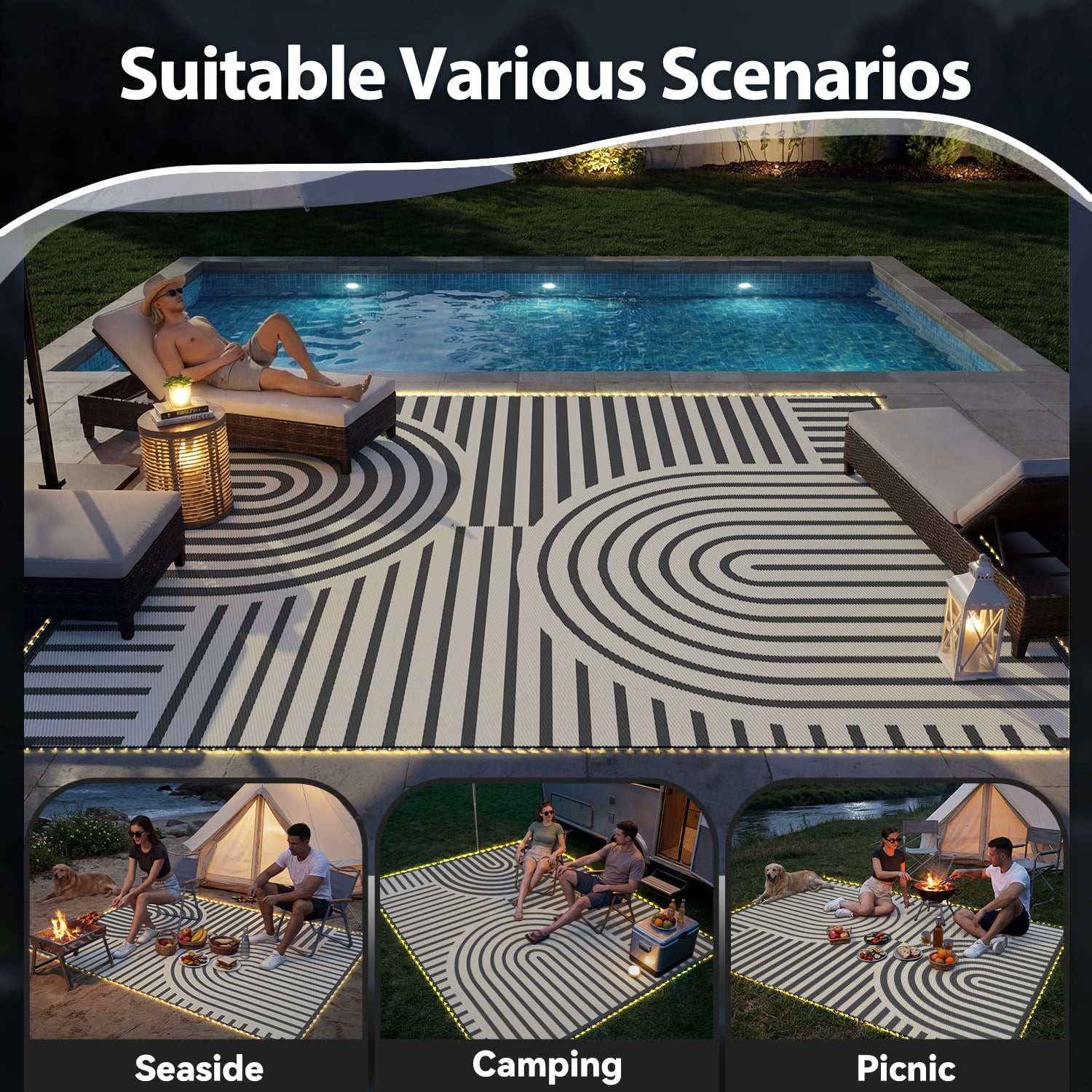 VUNATE Outdoor Rug with LED Strip Lights 8'x10' Waterproof Reversible Patio Rug Plastic Straw Lightweight Indoor Outdoor Rug for RV Camping Deck Balcony Boho Porch Decor Gray and Beige