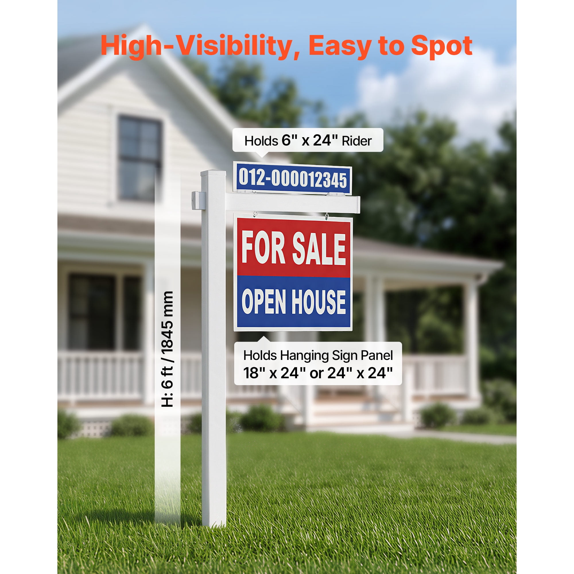KFFKFF 6 ft Tall PVC Real Estate Sign Post with 36 in Arm, Durable Yard Sign Holder for Outdoor Use, Easy Installation, Wind-Resistant, Suitable for Open Houses, Homes, and Roads, White (No Signs)