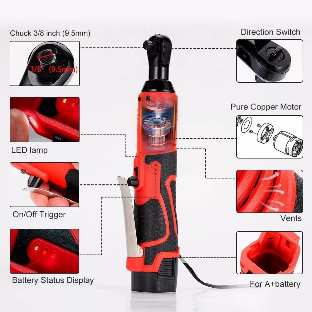 Electric Cordless Ratchet 3/8" Right Angle Wrench Impact Power Tool + 2 Batteries, High Torque, Versatile Uses for Car Repair & Construction, Easy Operation
