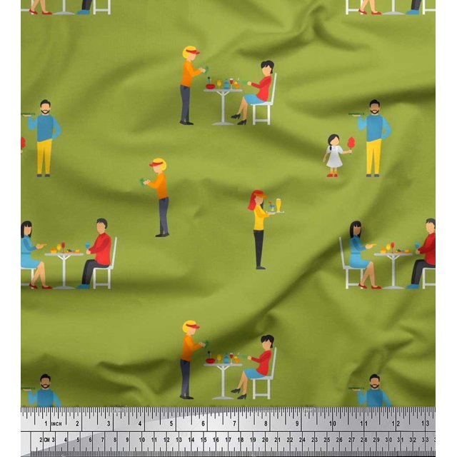 Soimoi Rayon Fabric Girl & Waiter Men Decor Fabric Printed Yard 56 Inch Wide
