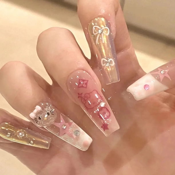 Sanrio-Parche de uñas de Hello Kitty Y2K, accesorio de dibujos animados, teñido de Halo rosa, ojos de gato brillantes, puro, hecho a mano, para estudiantes
