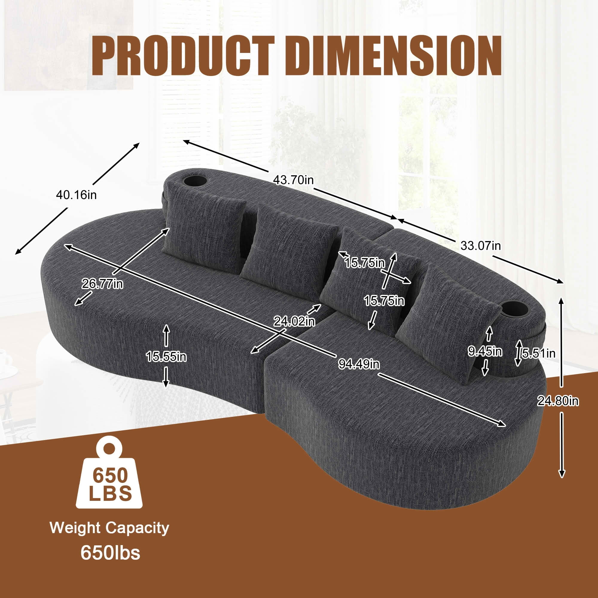 MAYEERTY Curved 3-Seat Modular Sectional Sofa, Minimalist Half Moon Chenille Couch for Living Room & Apartment