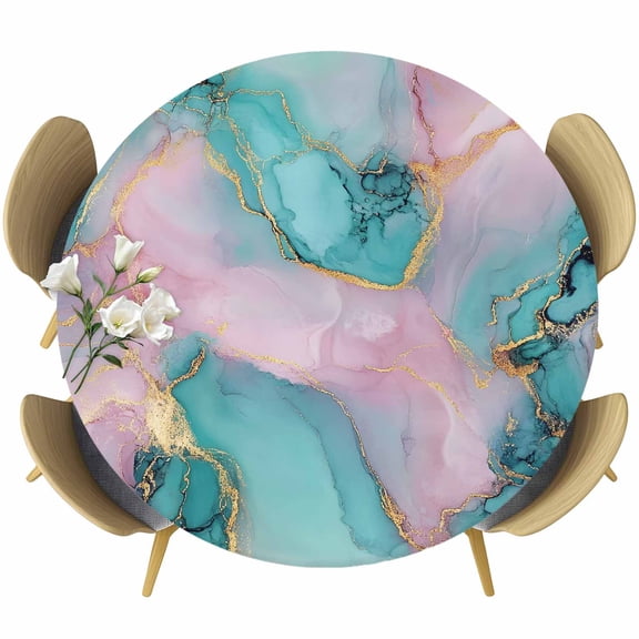 Teal Pink Marble Round Tablecloth 36-44 Inch Round Fitted Table Cloth with Elastic Edge, Modern Abstract Ink Painting Luxury Waterproof Table Cover Protector for Outdoor Picnic Party Dining