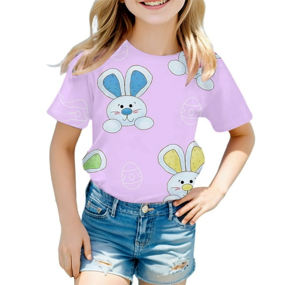 Tee Shirt for Kids Girls Easter Bunny Print and Egg Bilby Print Resurrection Sundayrabbit T Shirt Short Sleeve Shirts for Girls Tops Cofy Round Neck Summer Clothes Fashion Wearing # 6-7 Years