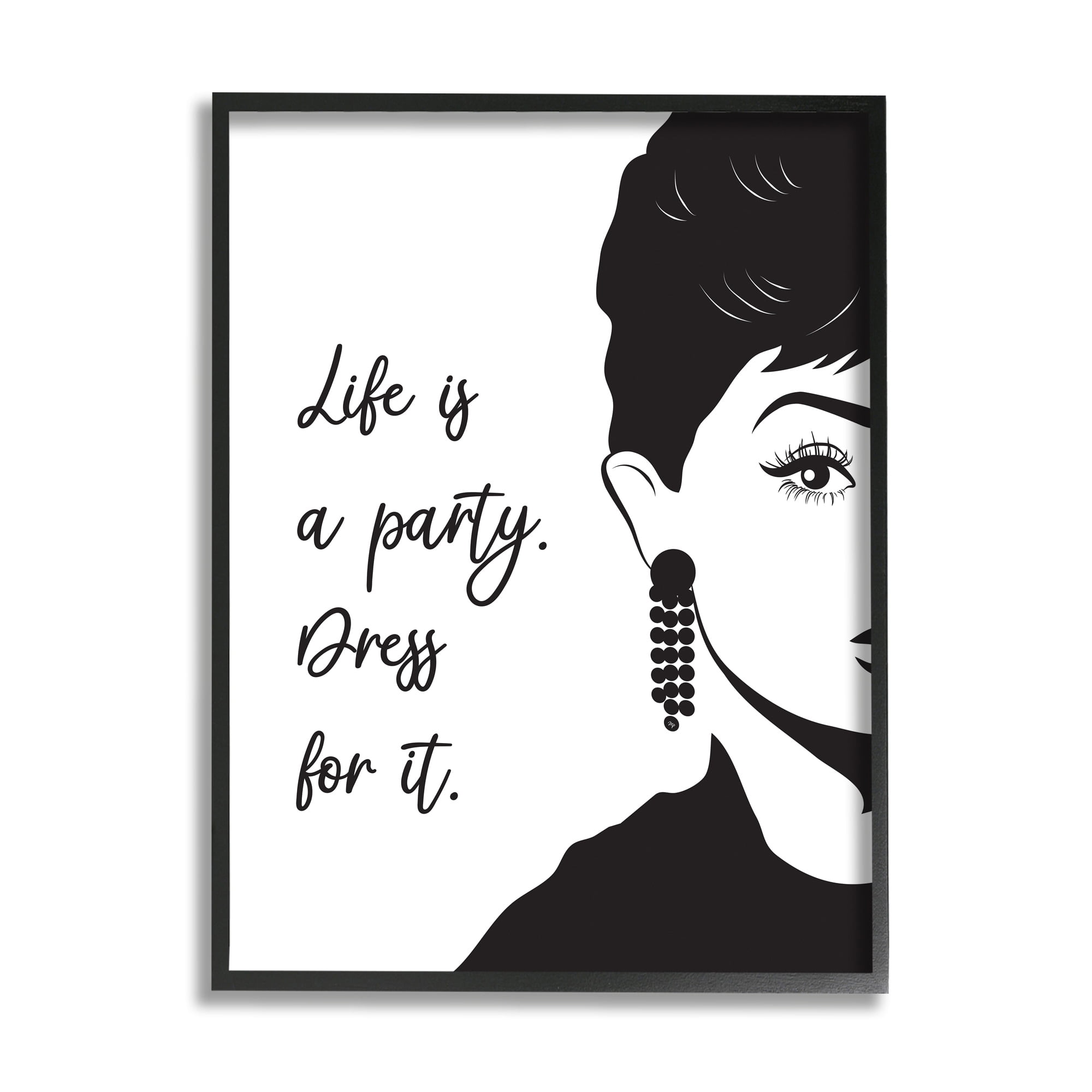 Stupell Industries Life's a Party Glam Fashion Phrase Aubrey Portrait Typography Painting Black Framed Art Print Wall Art, 11 x 14