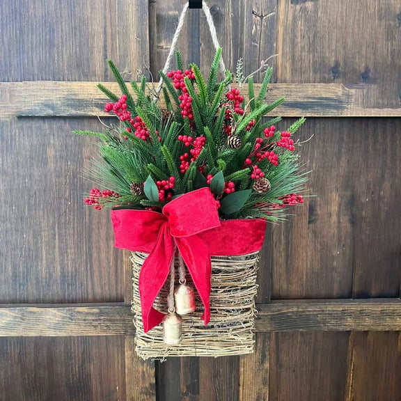Christmas Hanging Basket Wreath with Red Bow, Berries and Pinecones, Holiday Front Door Decor