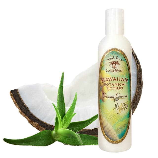 Island Soap and Candle Works Loción corporal con aroma a coco botánico para hombres y mujeres - Hidratante corporal sin parabenos - Cuidado de la piel hawaiano hidratante - Coco cremoso - 8.5 onzas lí