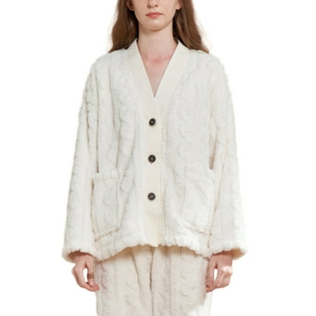 

Niuer Women Fuzzy Fleece Solid Color Loungewear Ladies Casual Nightwear Elastic Waist Home Clothes Button Down Loose Sleepwear White XL