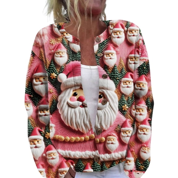 WTOBBY Women's Christmas Print Knit Cardigan, Long Sleeve Pullover with Festive Designs, Cozy for Holiday Parties and Winter Wear,Dark Green L