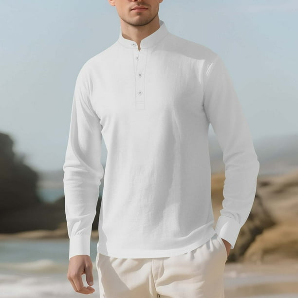 Blusa y camisa de manga larga con cuello alto para hombre, color liso, informal, con botones, medio cárdigan, manga larga, cuello alto, blusas de poliéster para hombre