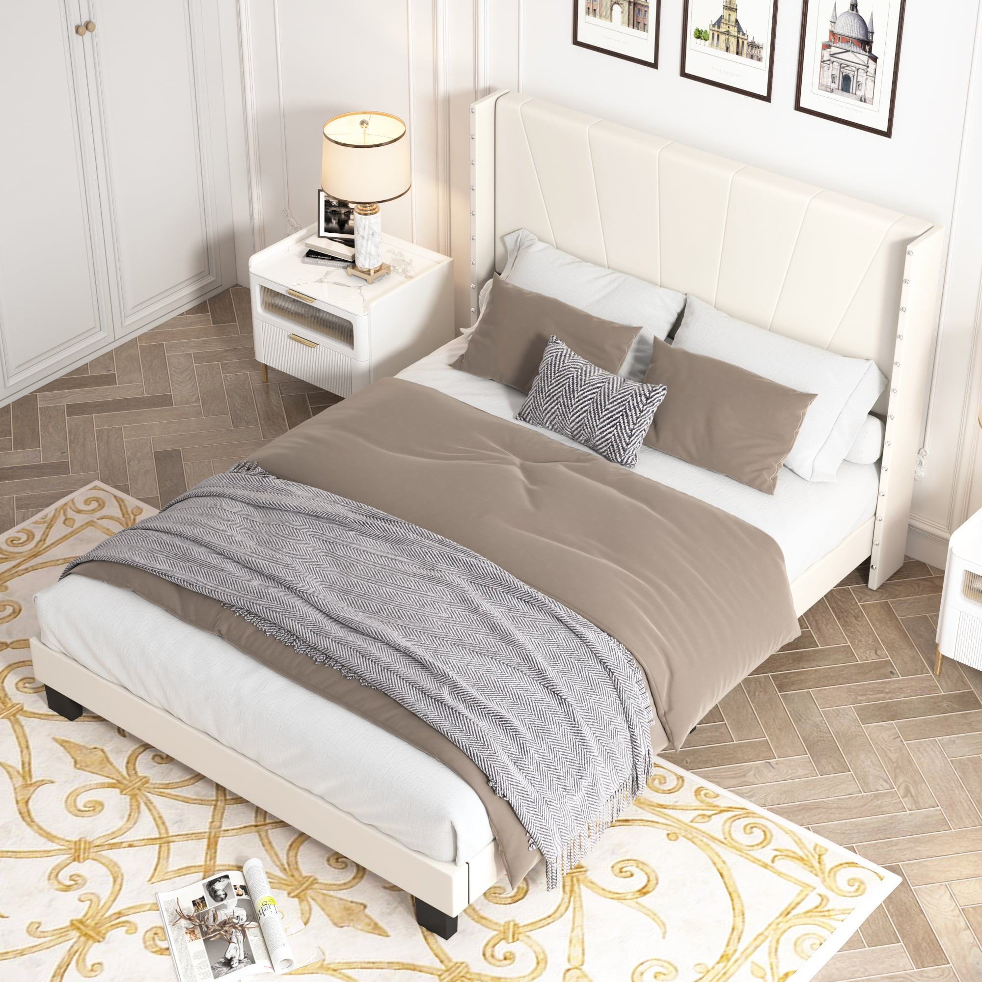 Audrey beige velvet platform bed deals