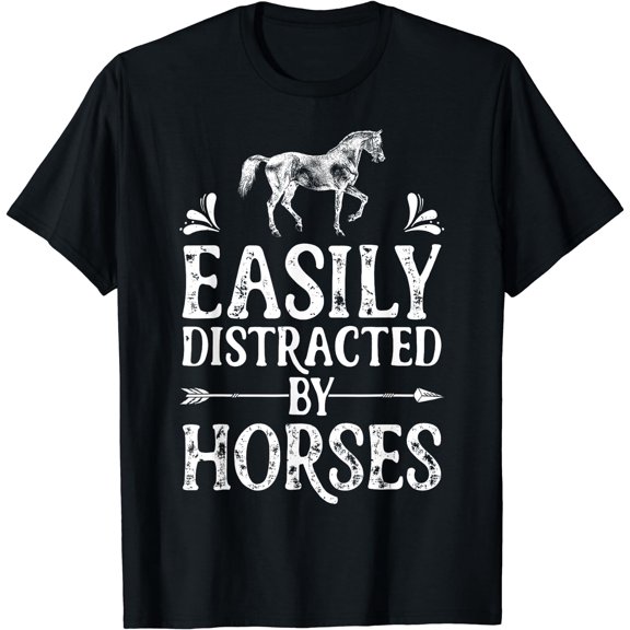 Horse Girl Easily Distracted By Horses Horseback Riding Farm T-Shirt Black 3X-Large