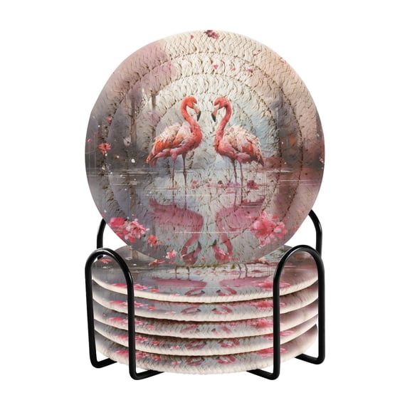 Flamingoes Lake Flowers 6 Pcs Drink Coasters with Holder Absorbent Coasters Woven Coasters for Drinks Table Desk Protection Home Decor