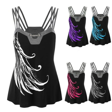 Female Summer Cool Sun-tops Sexy Feather Printed Loose Tank Tops T-shirt