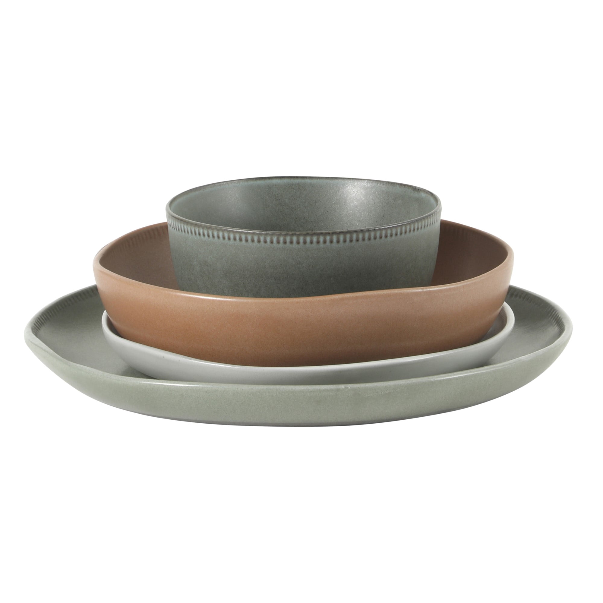 Gibson Elite Menlo Park 16-Piece Pottery Clay Stoneware Dinnerware Set – Assorted Colors Reactive Glaze, Embossed Plates and Bowls W/ Pasta Bowl, Service for 4 – Microwave & Dishwasher Safe