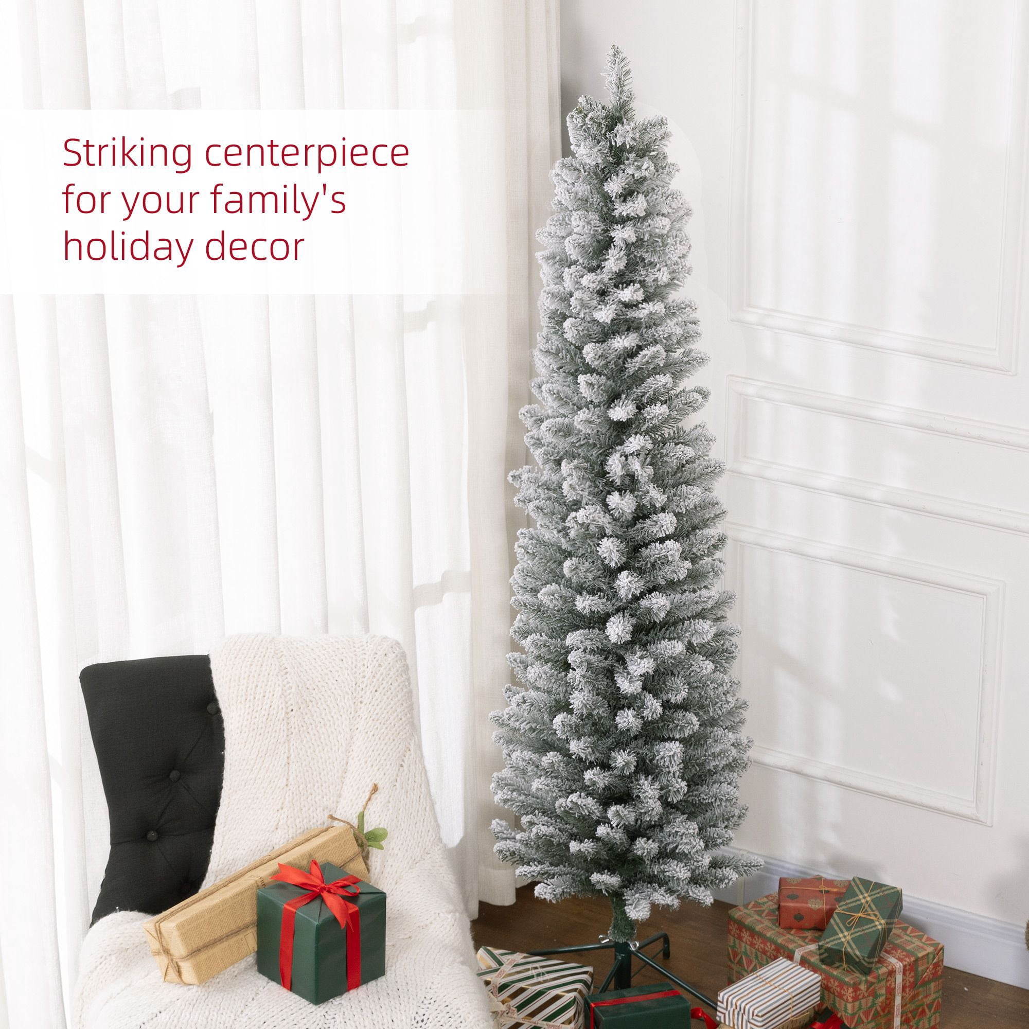 6 ft Artificial Christmas Tree with Snow Flocked Branches, Pencil Slim Design, Metal Base, 329 Tips, Indoor Holiday Decor