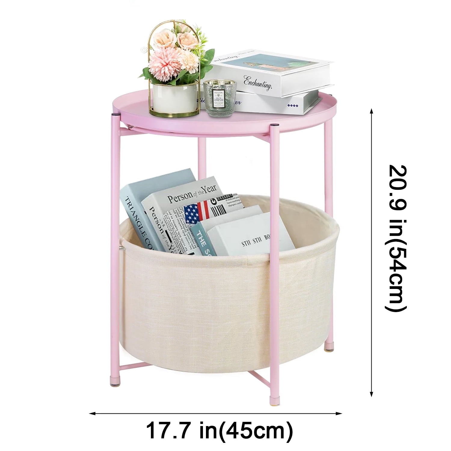 CERBIOR Round Side End Table, Modern Nightstand with Fabric Basket,Pink