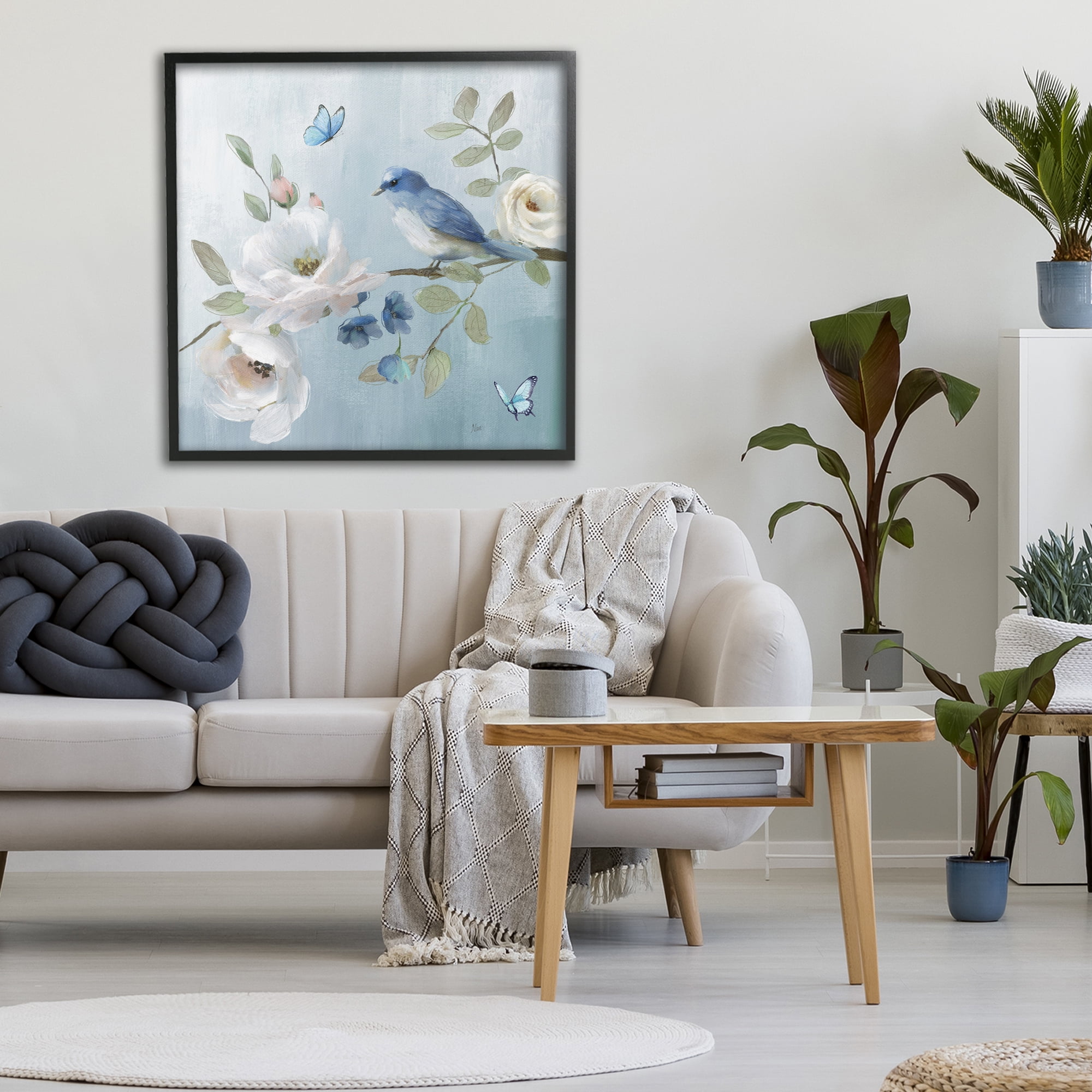 Stupell Industries Pastel Blue Bird Blooms Black Framed Giclee Art, design by Nan