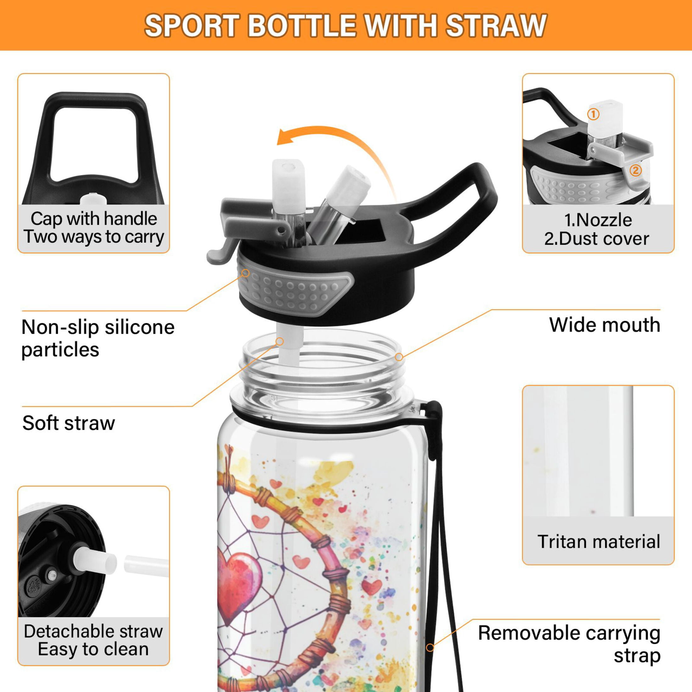 Motivational Water Bottle 32 oz with Straw, BPA Free Reusable Fitness Sport Bottle Perfect for Travel, School, Outdoors, and Gym Dreamcatcher