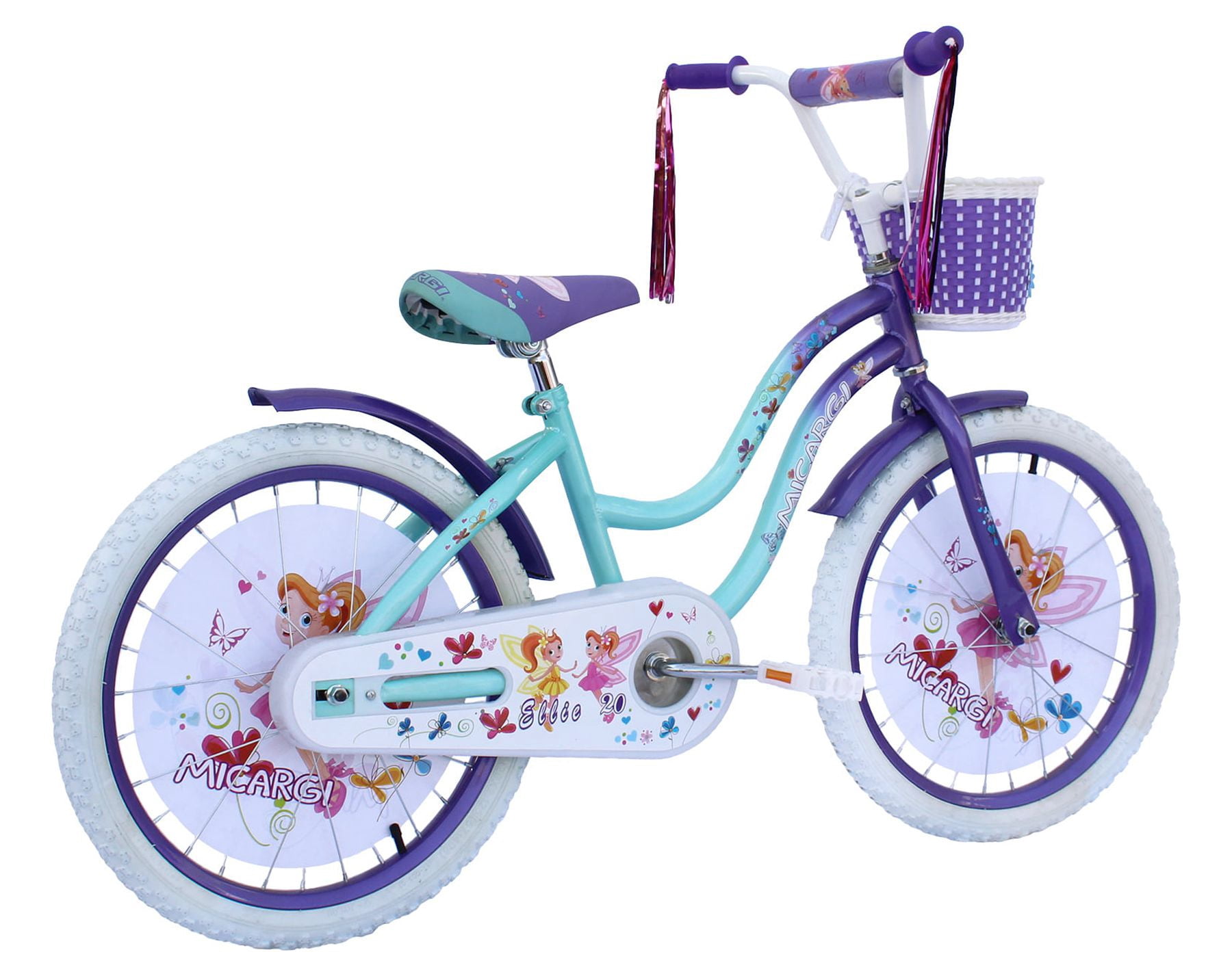 PlayWorld 20 In. Cruiser Steel Frame Bicycle Coaster Brake One Piece Crank, White Full cover Chain Guard, Purple Baskets, Fenders & Rims, White Tire Kid's Bike - Purple/Baby Blue