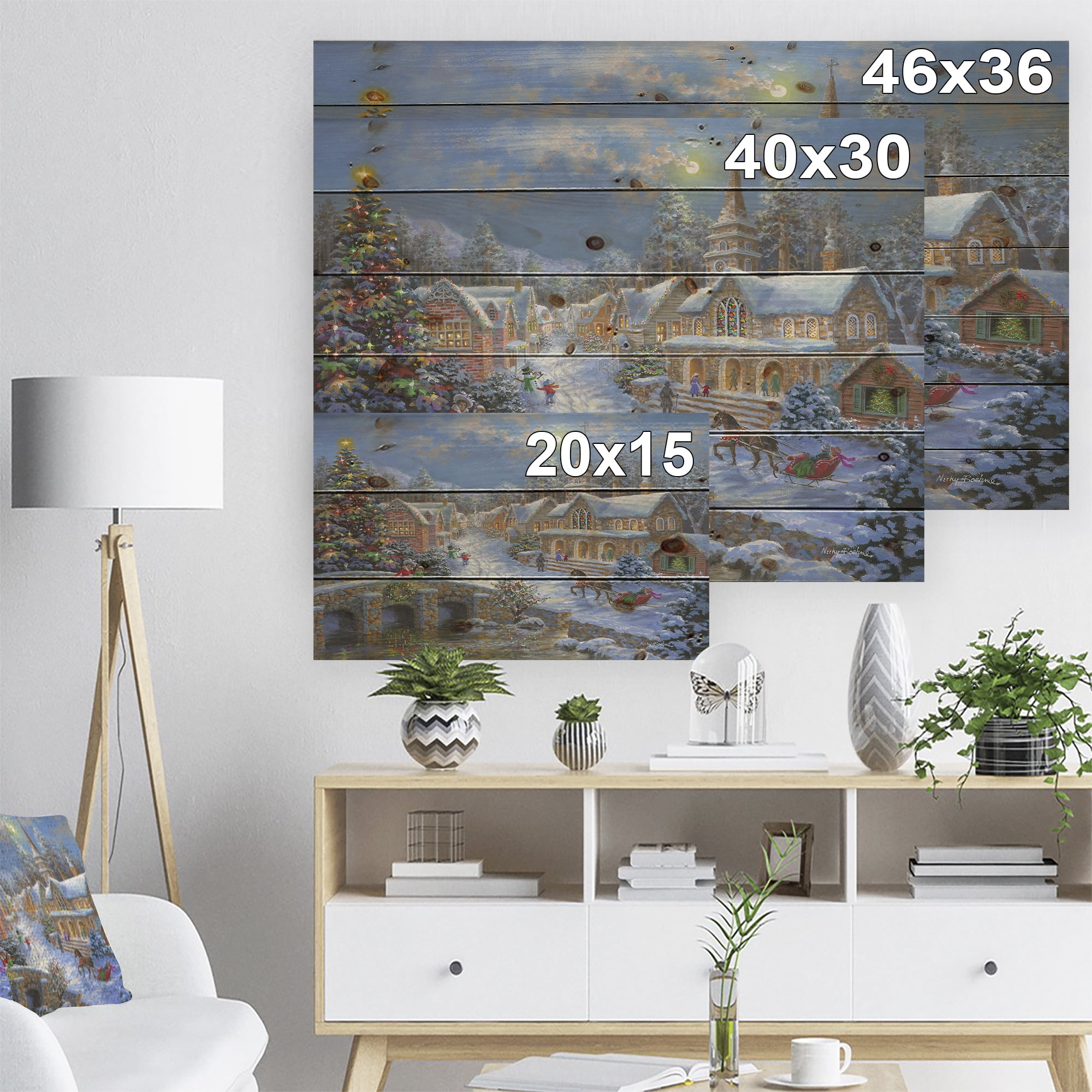 Designart 'Christmas Paradise with church snow and open sleigh' Print on Natural Pine Wood