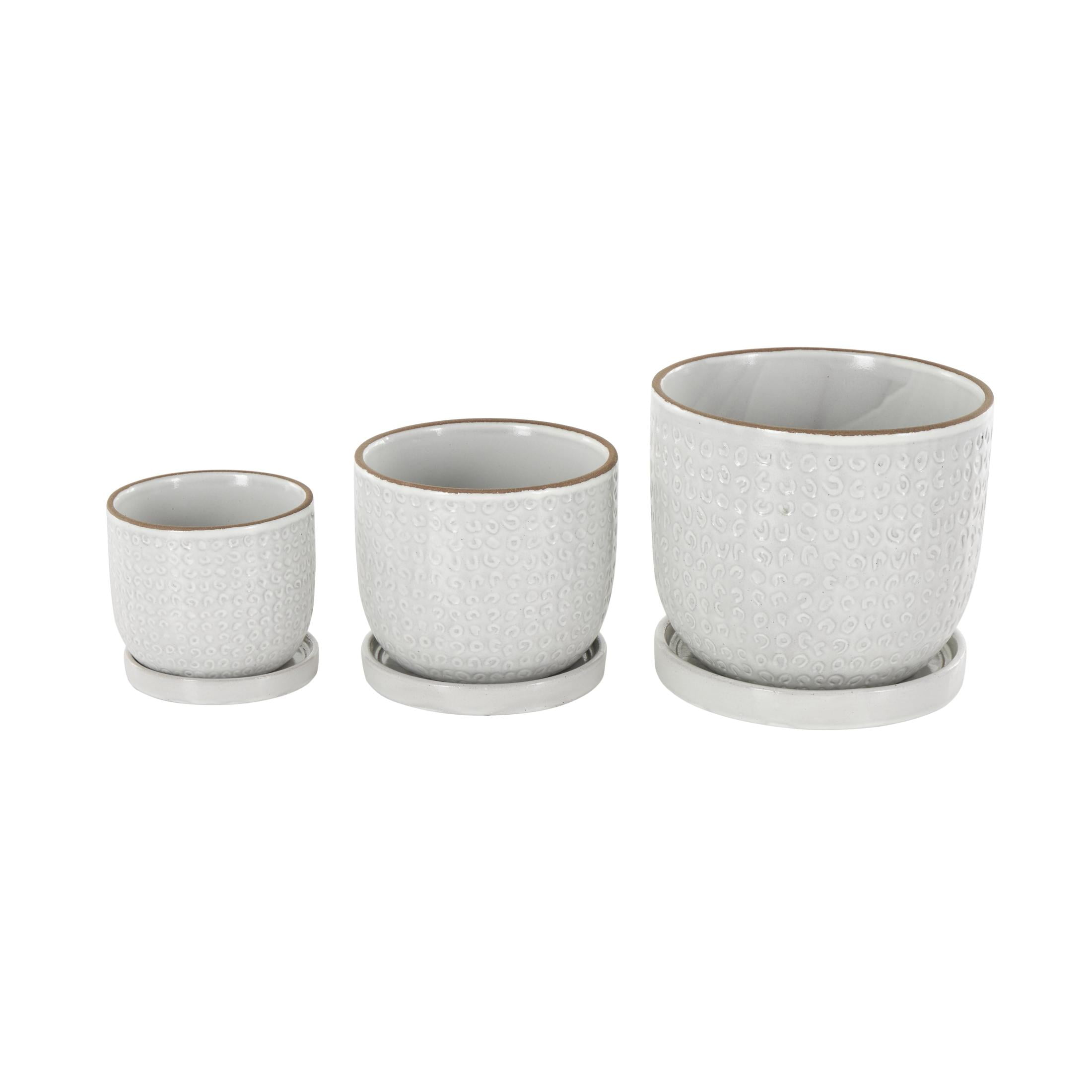 DecMode 7", 5"H Abstract Circle Patterned White Ceramic Planter with Brown Accents and Base Tray (3 Count)