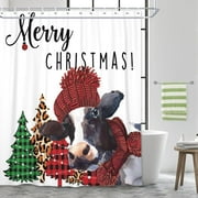 Modern Farmhouse Shower Curtain, Merry Christmas Funny Cow Buffalo Plaid Tree in Winter Holiday Bathroom Decoration Accessory Set, Fabric Waterproof Cloth Curtains, Hooks Include